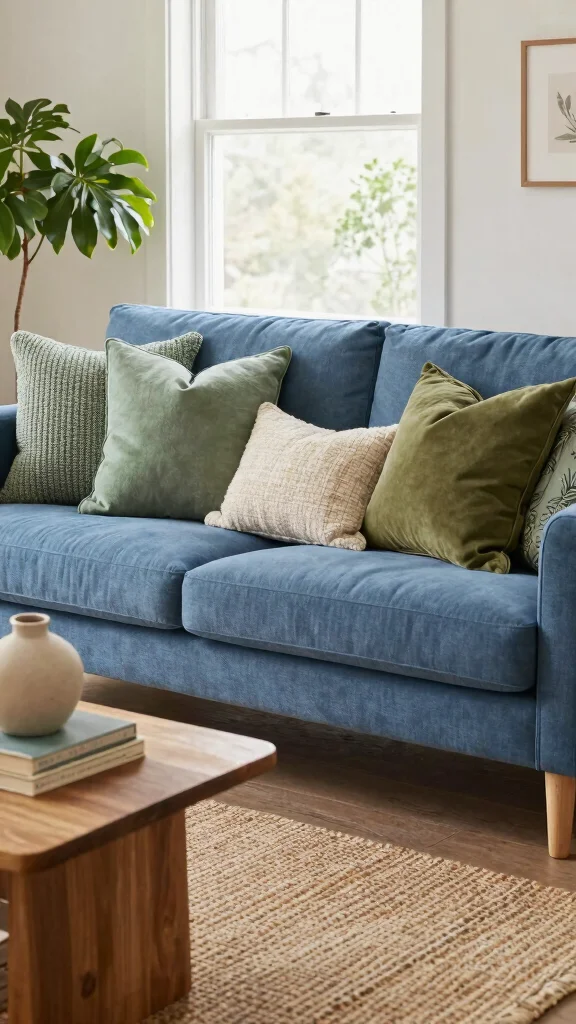 18 Throw Pillows for Blue Couch Ideas That Balance Color Perfectly - 1. Earthy Greens for a Natural Touch 1
