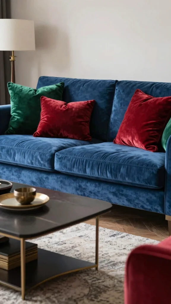 18 Throw Pillows for Blue Couch Ideas That Balance Color Perfectly - 11. Deep Jewel Tones for a Luxurious Feel 1
