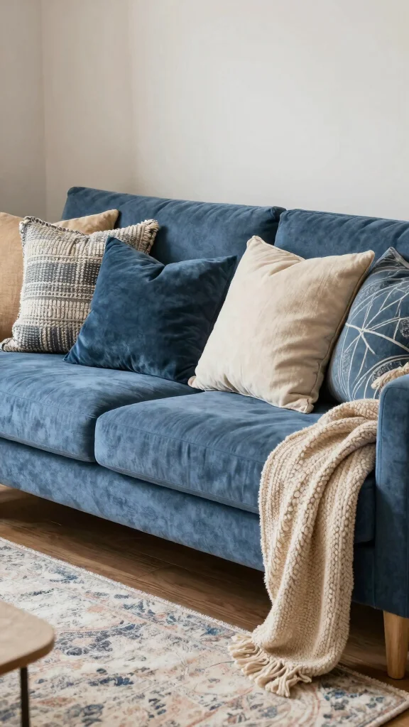 18 Throw Pillows for Blue Couch Ideas That Balance Color Perfectly - 14. Layered Textures for Depth 1