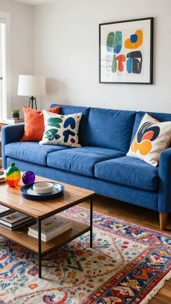 18 Throw Pillows for Blue Couch Ideas That Balance Color Perfectly - 15. Artful Prints for a Creative Touch 1