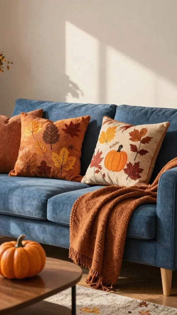 18 Throw Pillows for Blue Couch Ideas That Balance Color Perfectly - 16. Seasonal Themes for Changing Vibes 1