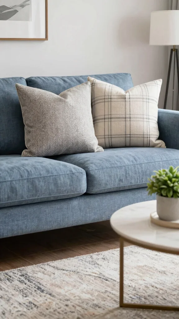 18 Throw Pillows for Blue Couch Ideas That Balance Color Perfectly - 17. Neutral Patterns for Understated Style 1
