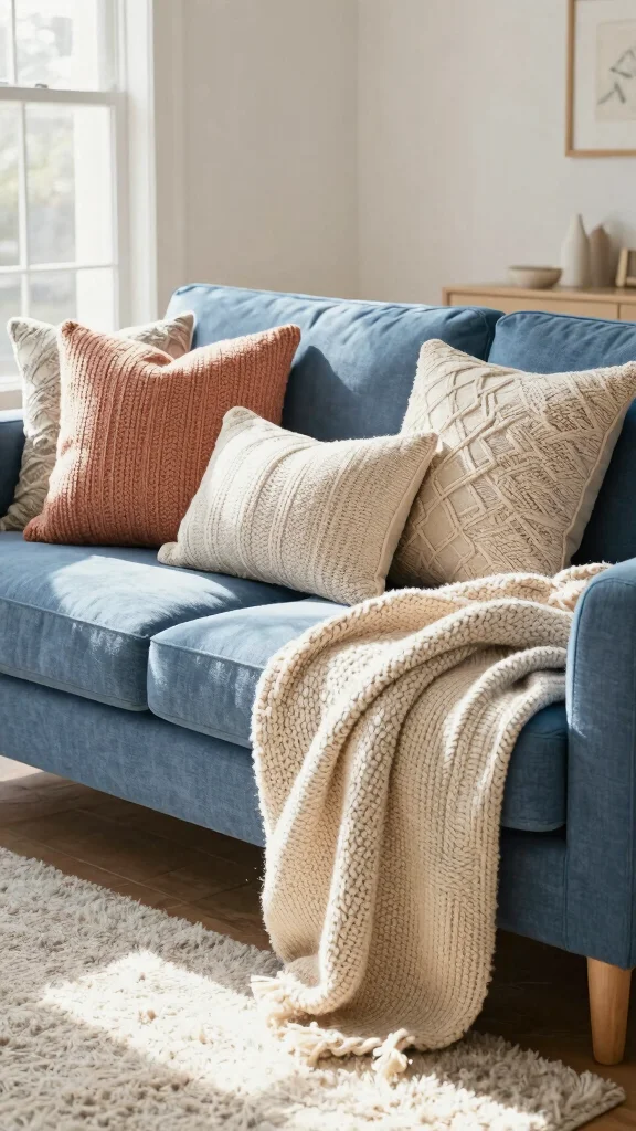 18 Throw Pillows for Blue Couch Ideas That Balance Color Perfectly - 18. Textured Knits for Cozy Comfort 1