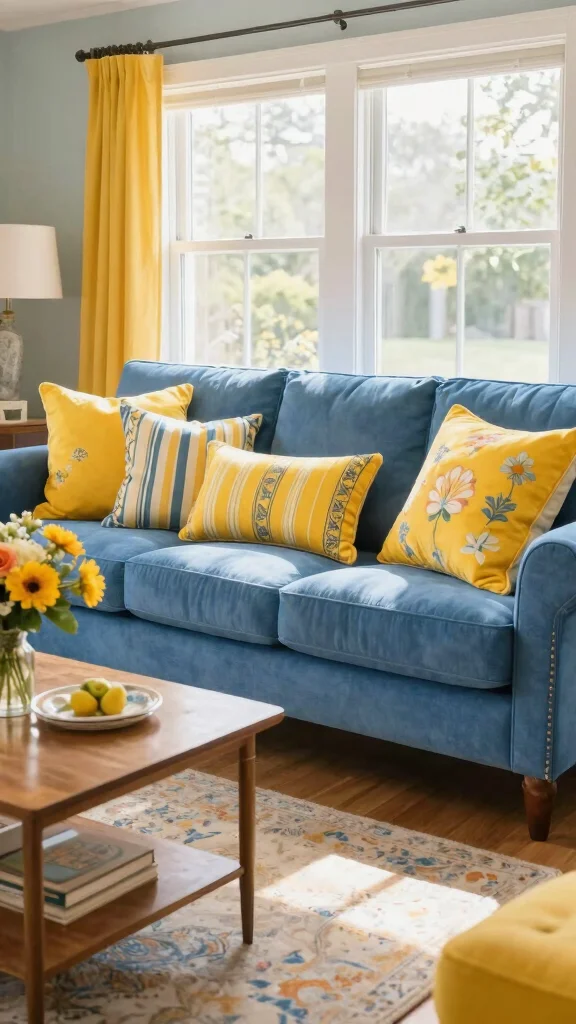 18 Throw Pillows for Blue Couch Ideas That Balance Color Perfectly - 2. Bright Yellows for a Cheerful Vibe 1