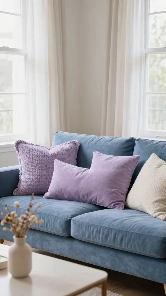18 Throw Pillows for Blue Couch Ideas That Balance Color Perfectly - 4. Soft Lavenders for a Gentle Contrast 1