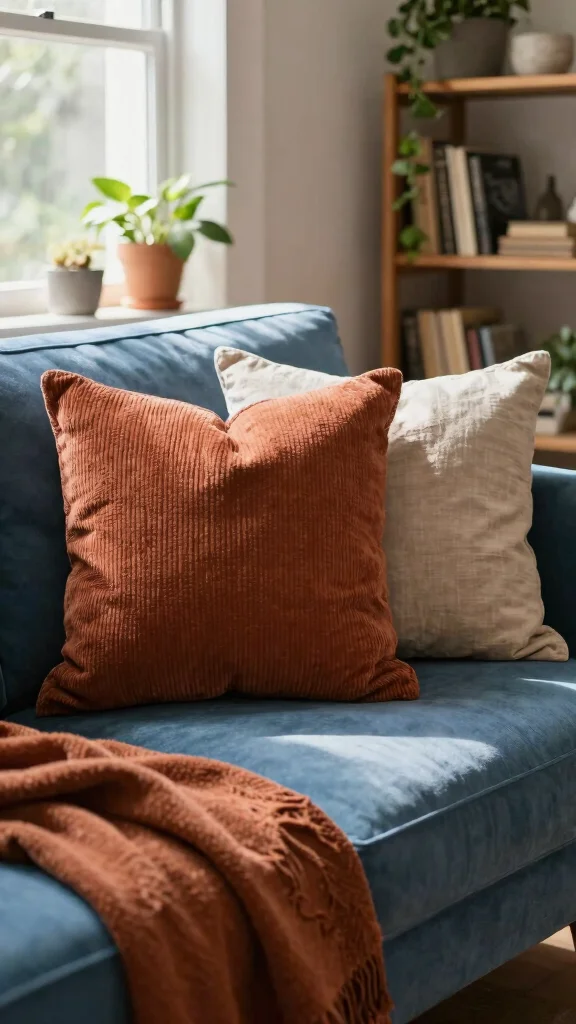 18 Throw Pillows for Blue Couch Ideas That Balance Color Perfectly - 5. Rust Accents for a Touch of Warmth 1