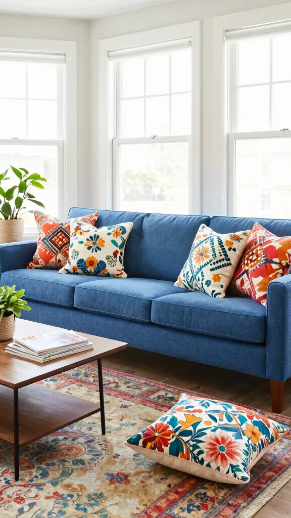 18 Throw Pillows for Blue Couch Ideas That Balance Color Perfectly - 6. Bold Patterns for a Statement Look 1