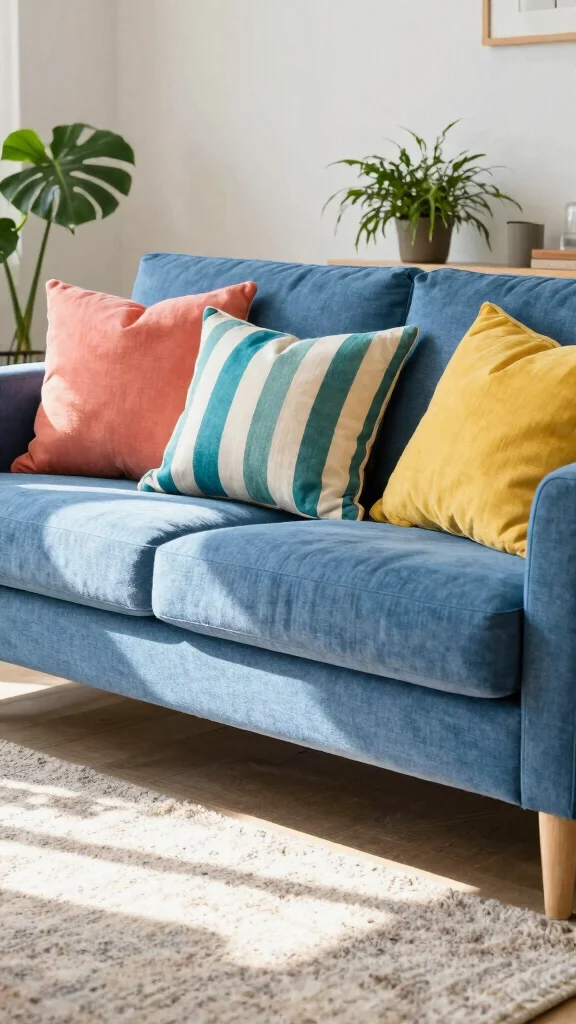 18 Throw Pillows for Blue Couch Ideas That Balance Color Perfectly - 8. Playful Stripes for Dynamic Visuals 1
