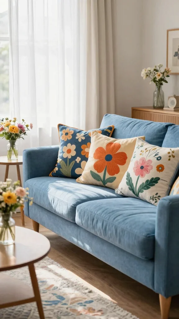 18 Throw Pillows for Blue Couch Ideas That Balance Color Perfectly - 9. Whimsical Florals for a Feminine Touch 1
