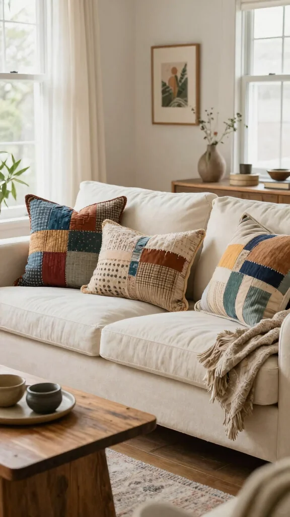 18 Throw Pillows for Cream Couch Ideas for a Soft Neutral Look - 12. Patchwork Designs 1