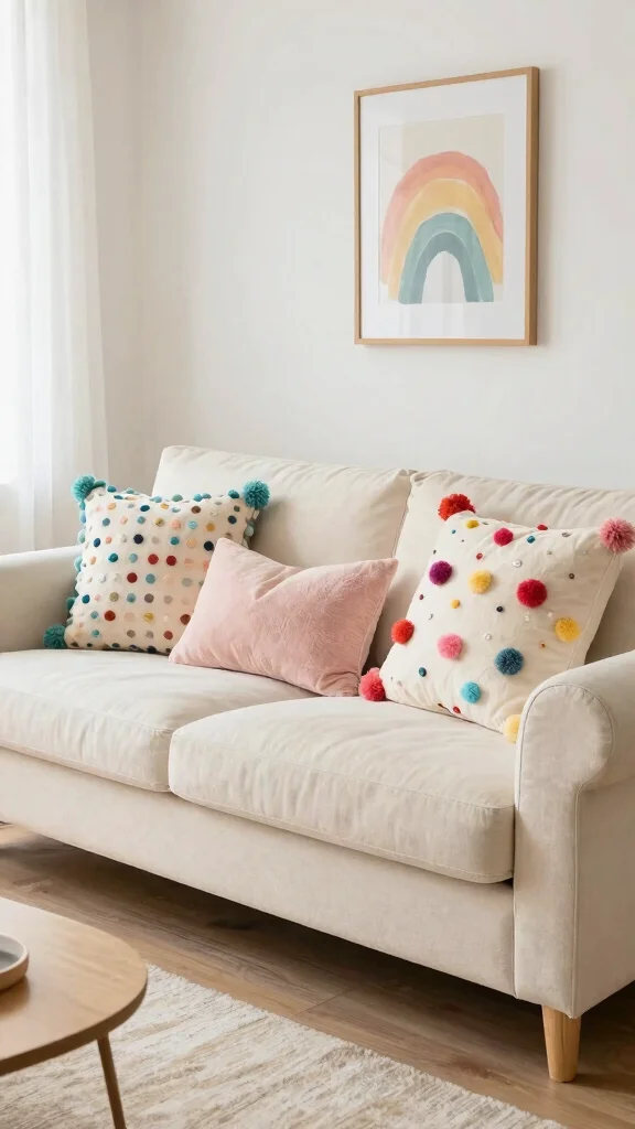 18 Throw Pillows for Cream Couch Ideas for a Soft Neutral Look - 18. Playful Pompoms 1