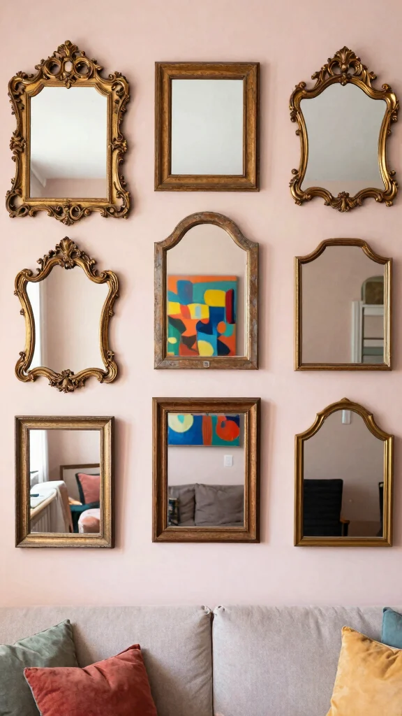18 Wall of Mirrors Ideas Living Room That Make a Statement - 1. Eclectic Gallery Wall 1