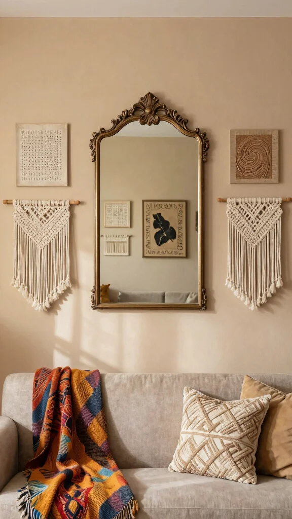 18 Wall of Mirrors Ideas Living Room That Make a Statement - 11. Layering Textures 1