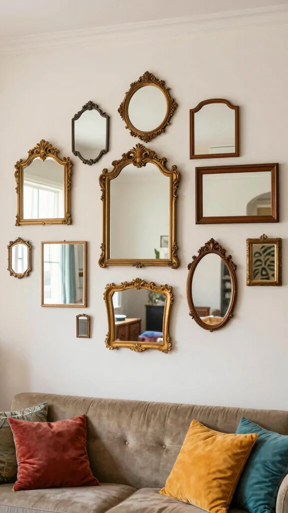 18 Wall of Mirrors Ideas Living Room That Make a Statement - 13. Vintage Mirror Clusters 1