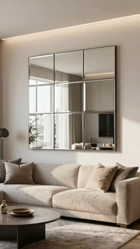 18 Wall of Mirrors Ideas Living Room That Make a Statement - 14. Mirrored Accent Wall 1