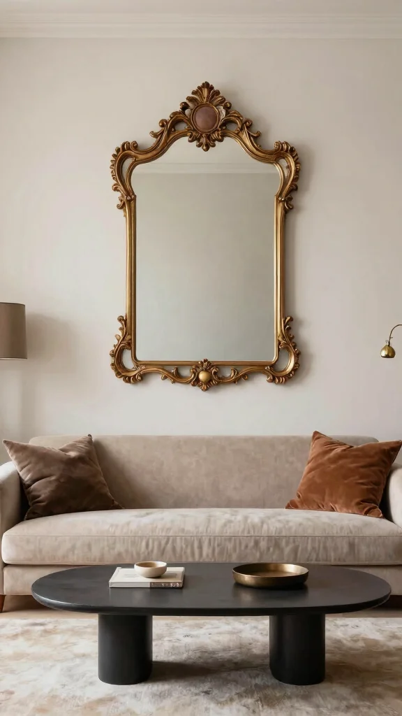 18 Wall of Mirrors Ideas Living Room That Make a Statement - 15. Mixing Vintage with Modern 1