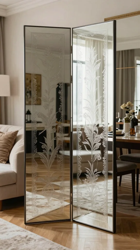18 Wall of Mirrors Ideas Living Room That Make a Statement - 18. Mirrored Room Dividers 1