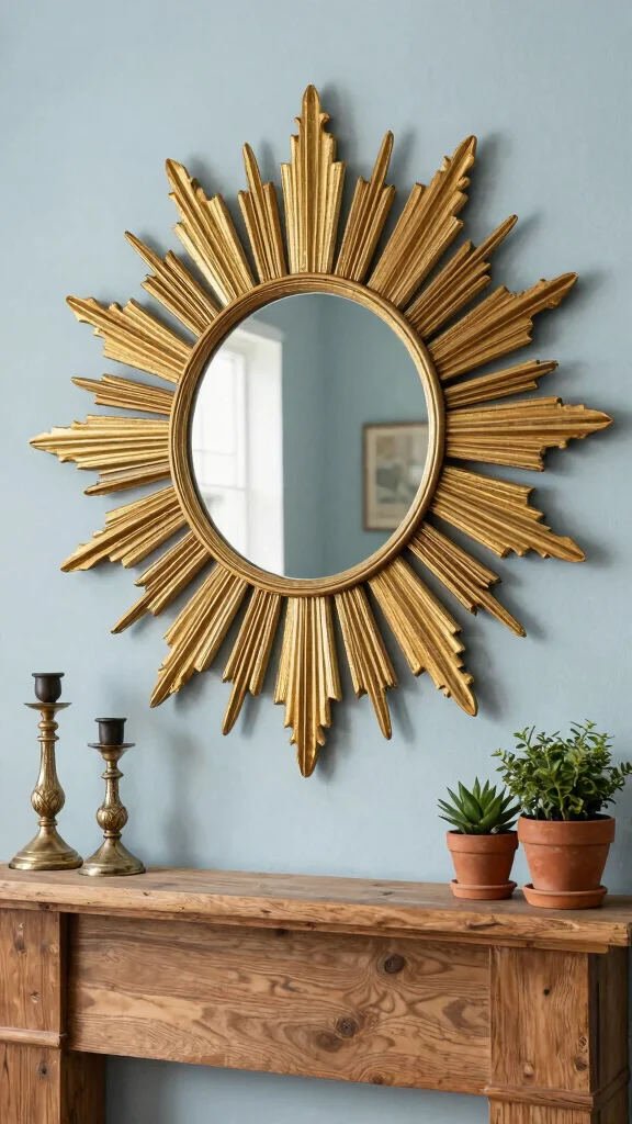 18 Wall of Mirrors Ideas Living Room That Make a Statement - 2. Statement Sunburst Mirror 1