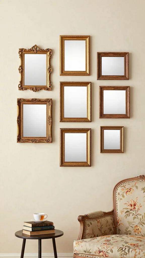 18 Wall of Mirrors Ideas Living Room That Make a Statement - 3. Vintage Framed Mirrors 1