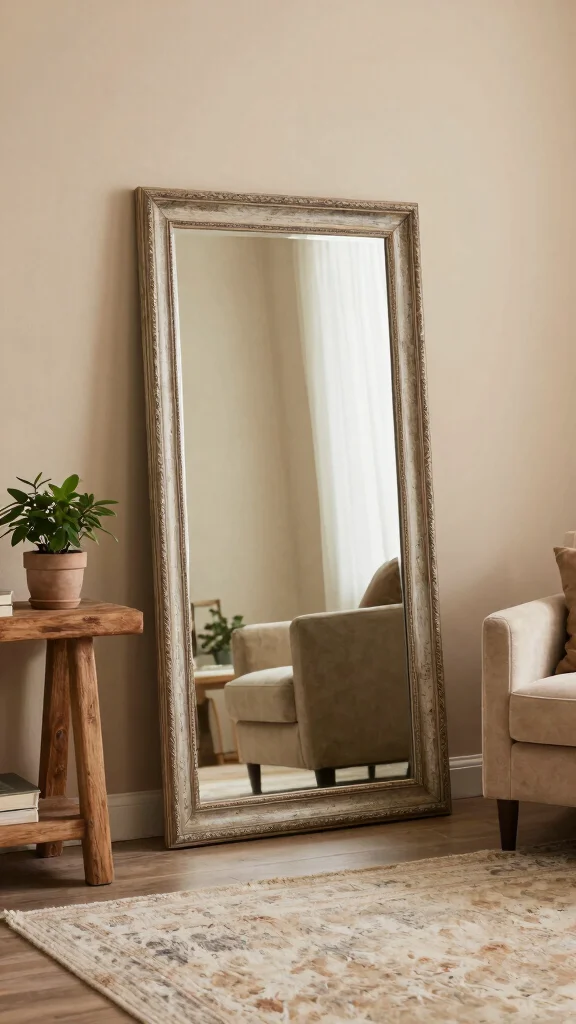 18 Wall of Mirrors Ideas Living Room That Make a Statement - 5. Simple Leaning Mirror 1