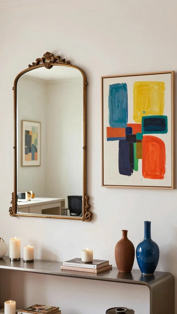 18 Wall of Mirrors Ideas Living Room That Make a Statement - 7. Mirror and Art Combination 1