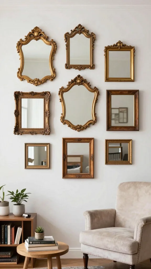 18 Wall of Mirrors Ideas Living Room That Make a Statement - 8. Vintage Mirror Frames 1