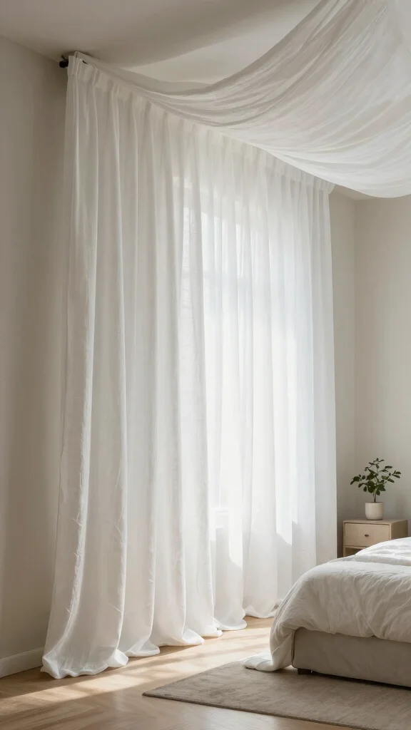 18 White Linen Curtains Bedroom Ideas for a Calm Neutral Space - 1. Soft Elegance with Draped Linen 1