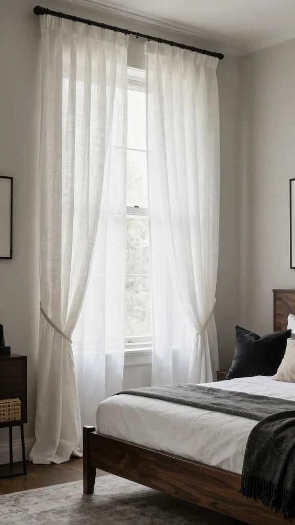 18 White Linen Curtains Bedroom Ideas for a Calm Neutral Space - 10. Soft Contrast with Dark Accents 1