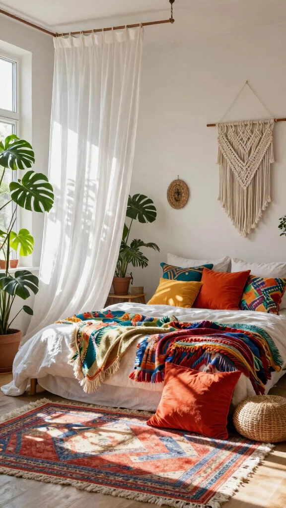 18 White Linen Curtains Bedroom Ideas for a Calm Neutral Space - 11. Eclectic Boho Mix 1