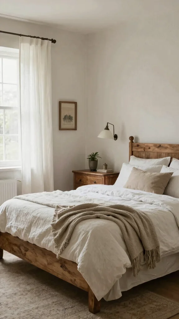 18 White Linen Curtains Bedroom Ideas for a Calm Neutral Space - 15. Calm and Cozy Farmhouse Style 1