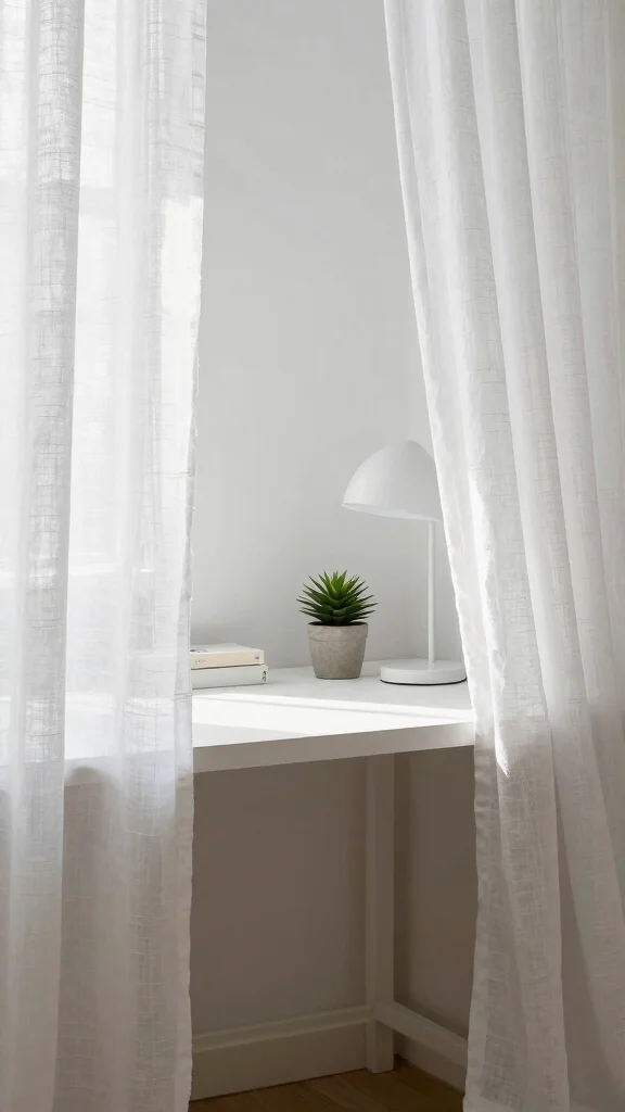 18 White Linen Curtains Bedroom Ideas for a Calm Neutral Space - 17. Serene Workspace Corner 1