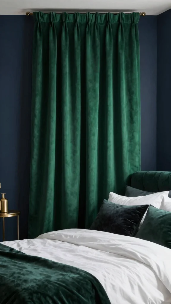 19 Emerald Green Curtains Bedroom Ideas That Make a Statement - 13. Contrast with Dark Tones 1