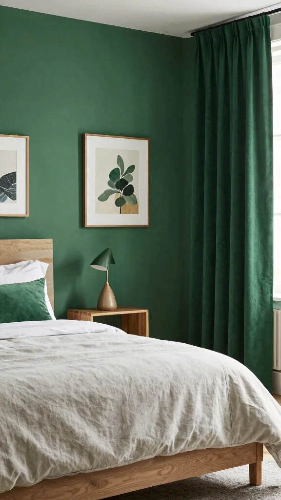 19 Emerald Green Curtains Bedroom Ideas That Make a Statement - 14. Feature Wall Vibes 1