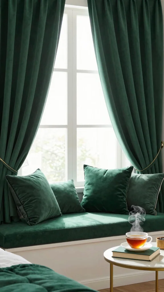 19 Emerald Green Curtains Bedroom Ideas That Make a Statement - 15. Window Seat Dreams 1