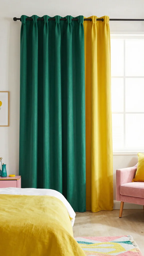 19 Emerald Green Curtains Bedroom Ideas That Make a Statement - 16. Color Blocking 1