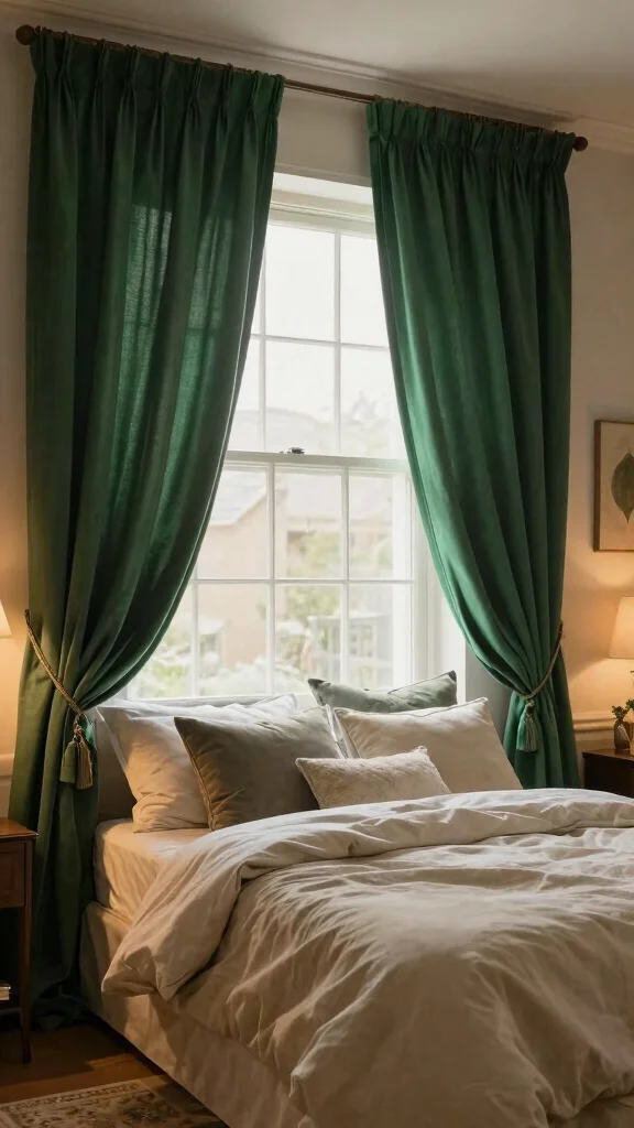 19 Emerald Green Curtains Bedroom Ideas That Make a Statement - 17. Romantic Drapes 1