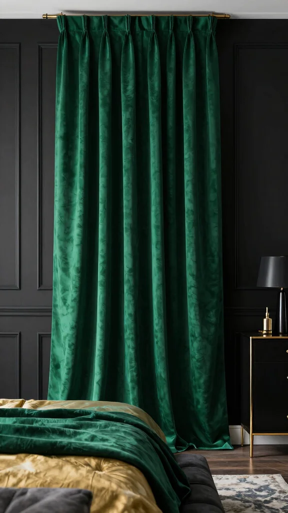 19 Emerald Green Curtains Bedroom Ideas That Make a Statement - 18. Black and Green Elegance 1