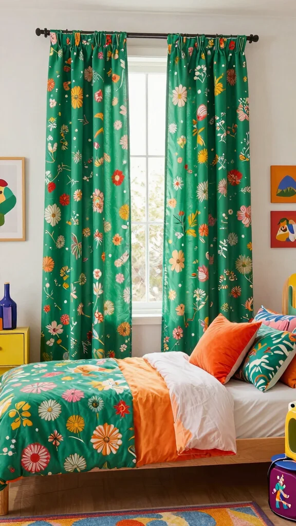 19 Emerald Green Curtains Bedroom Ideas That Make a Statement - 19. Whimsical Prints 1