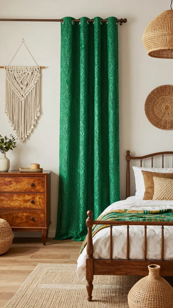 19 Emerald Green Curtains Bedroom Ideas That Make a Statement - 3. Vintage Boho Vibes 1