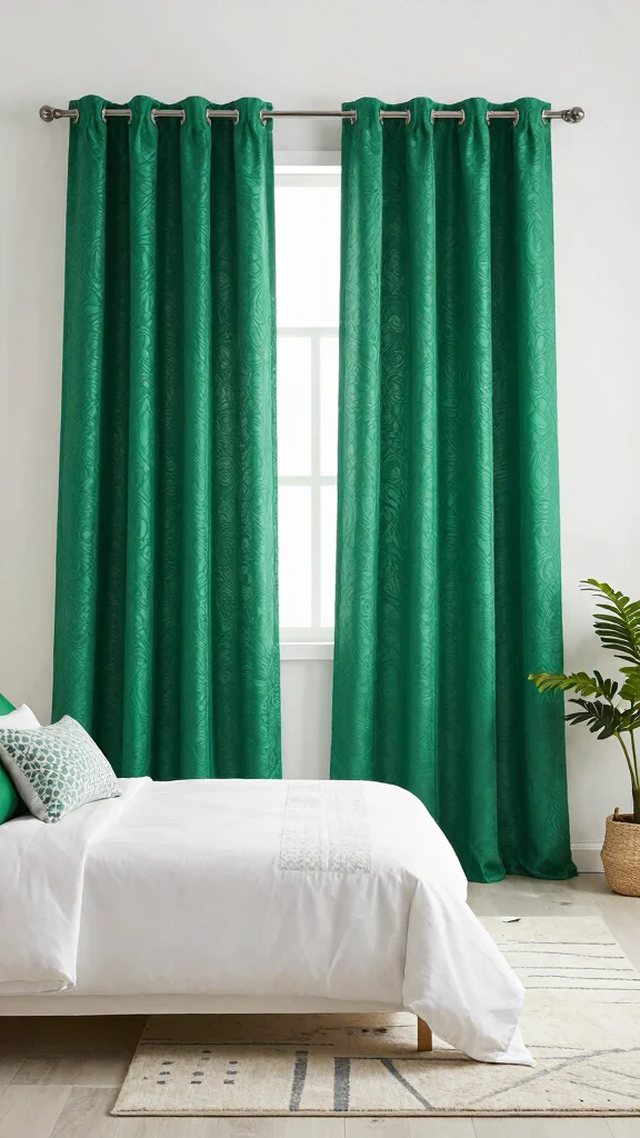 19 Emerald Green Curtains Bedroom Ideas That Make a Statement - 6. Pattern Play 1